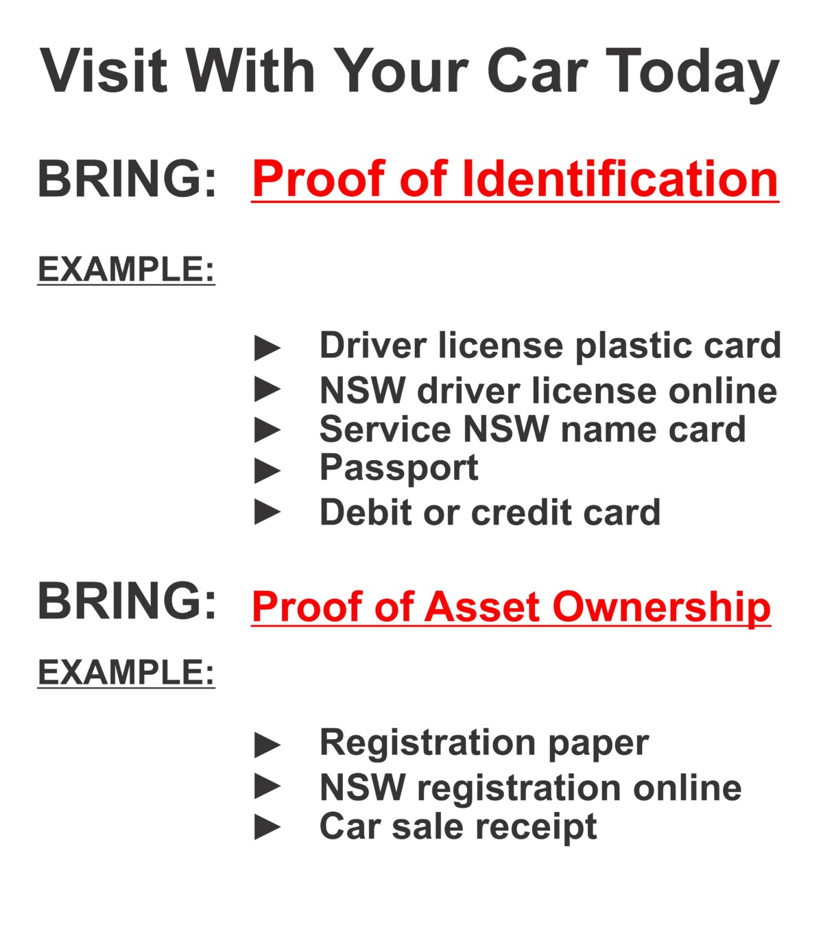 For a loan against my car, what identification & ownership documents are needed to pawn my car.